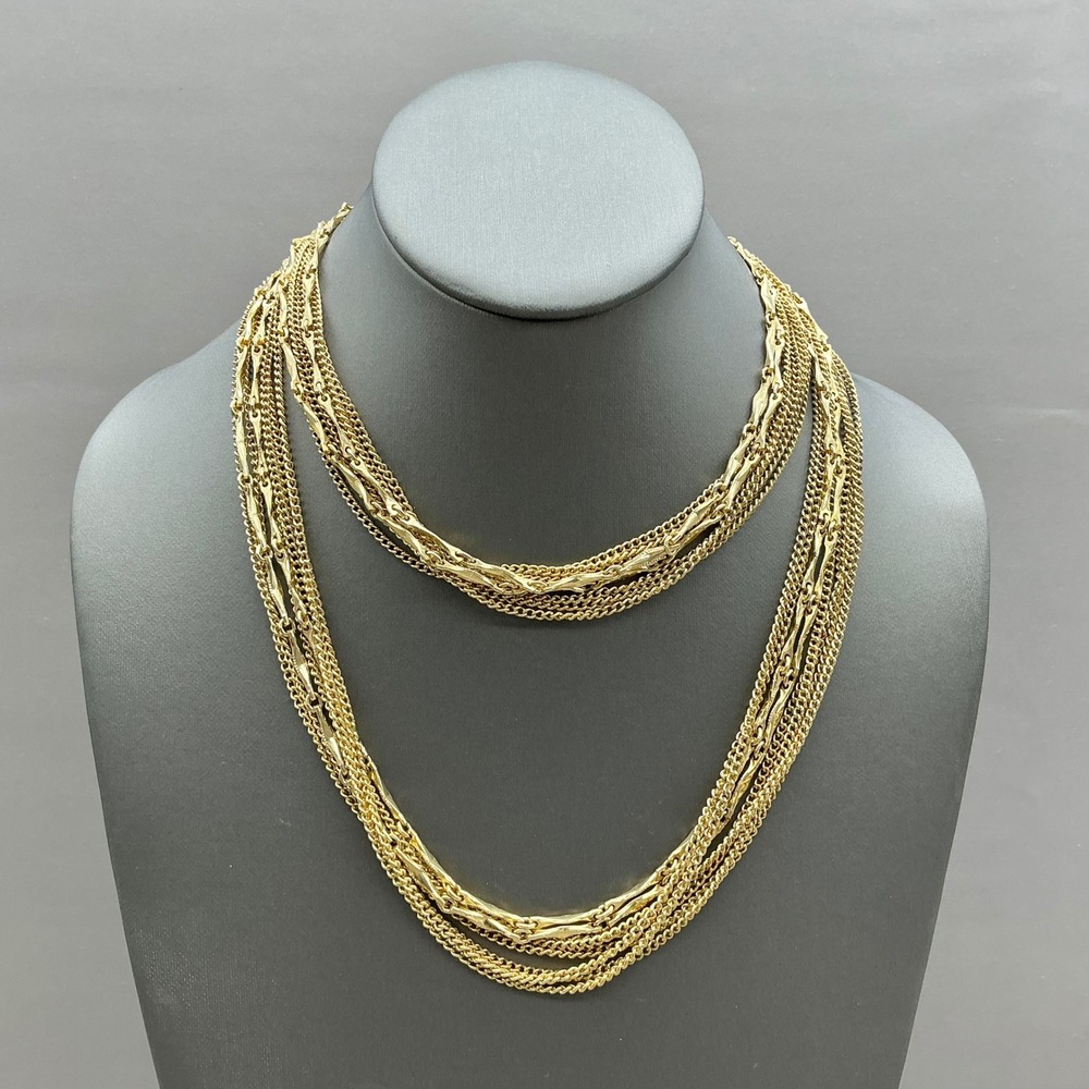 Vintage Necklace Gold Tone Multi Strand Layered Chain Statement Round Clasp 20"